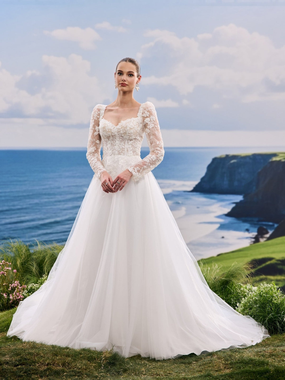 Oriana white A-Line wedding dress, detail and alternate angle
