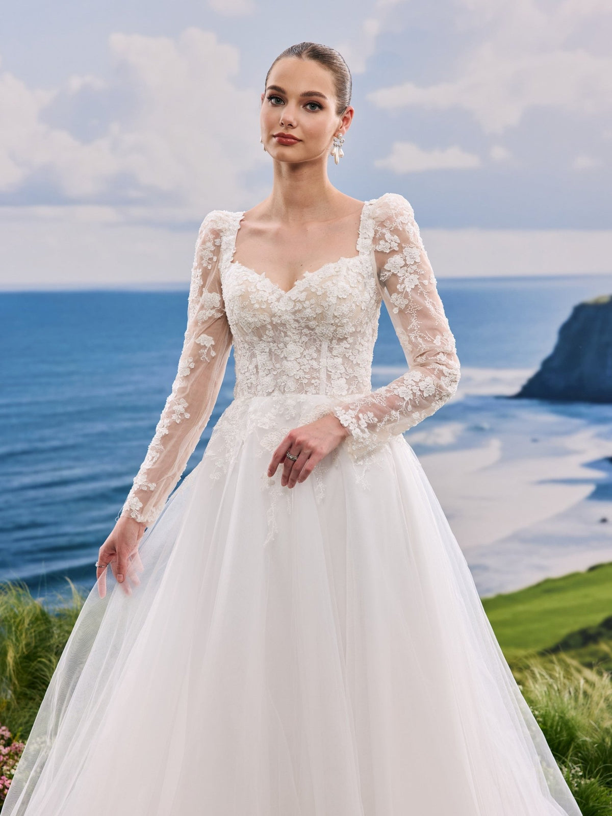 Oriana white A-Line wedding dress, detail and alternate angle