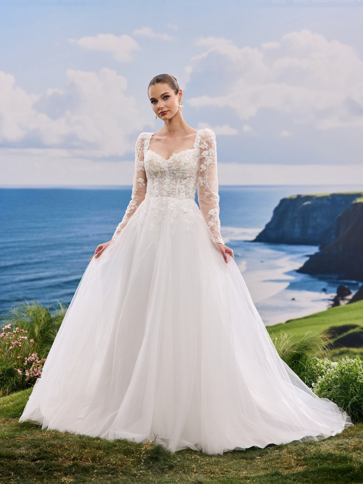 Oriana white A-Line wedding dress, detail and alternate angle