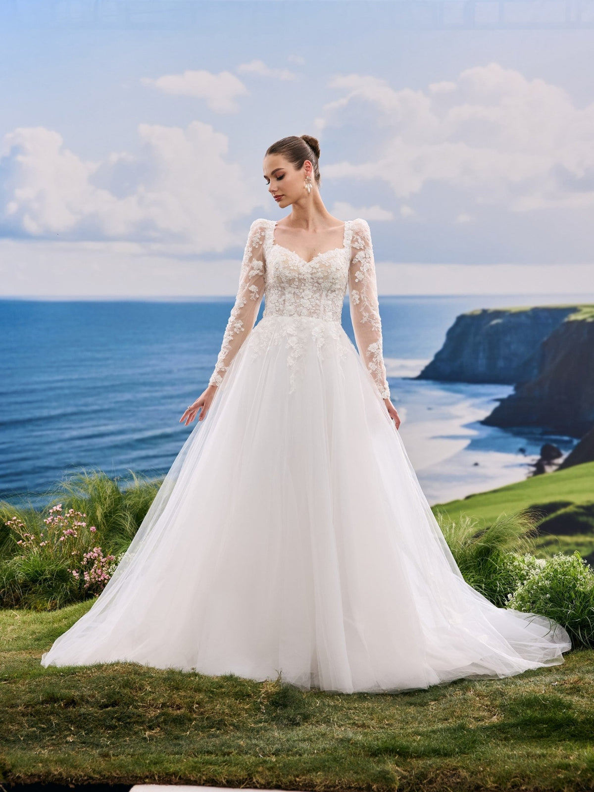 Oriana white A-Line wedding dress, detail and alternate angle