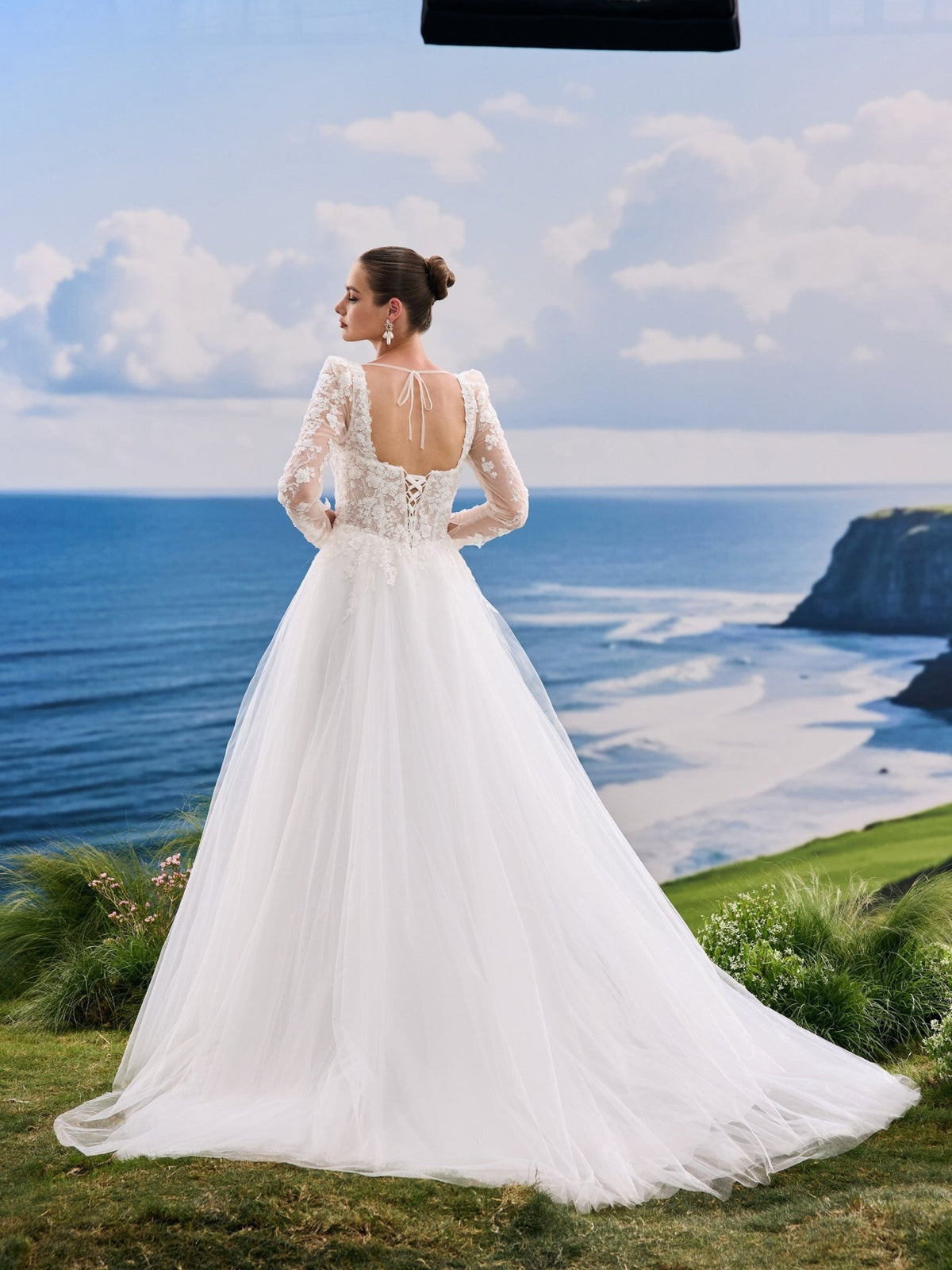 Oriana white A-Line wedding dress, back view