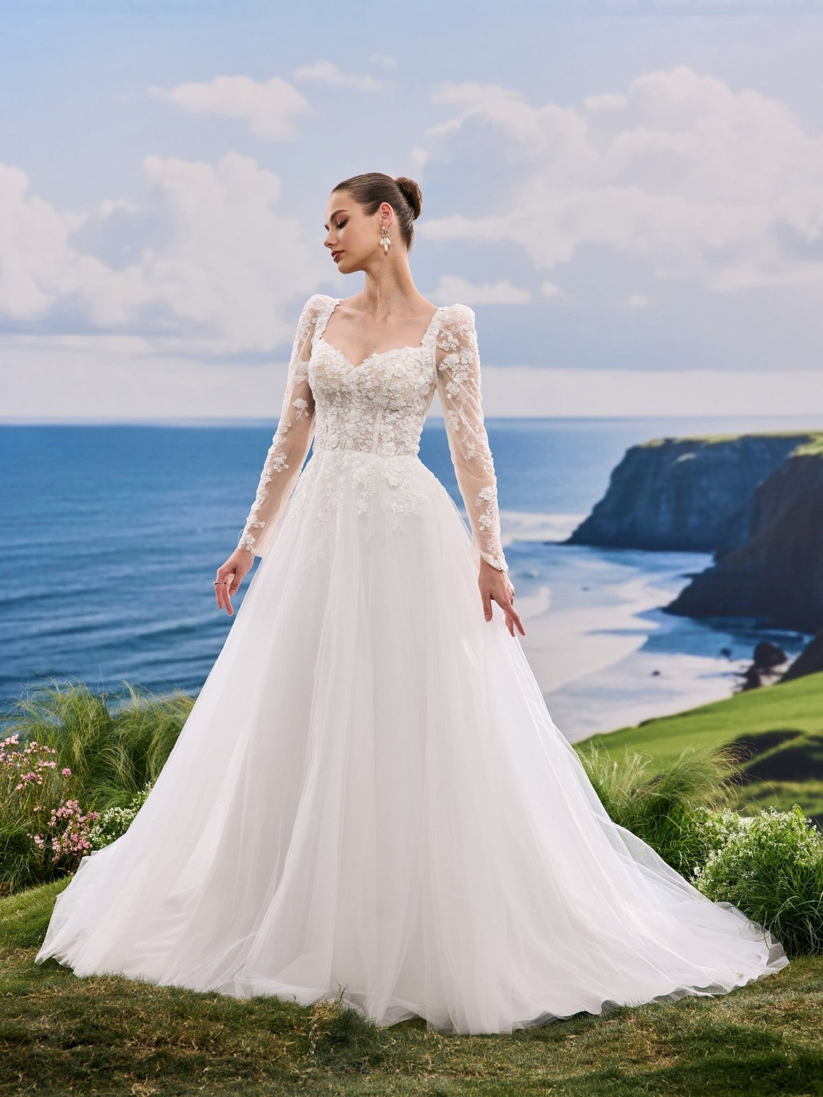 Oriana white A-Line wedding dress, detail and alternate angle