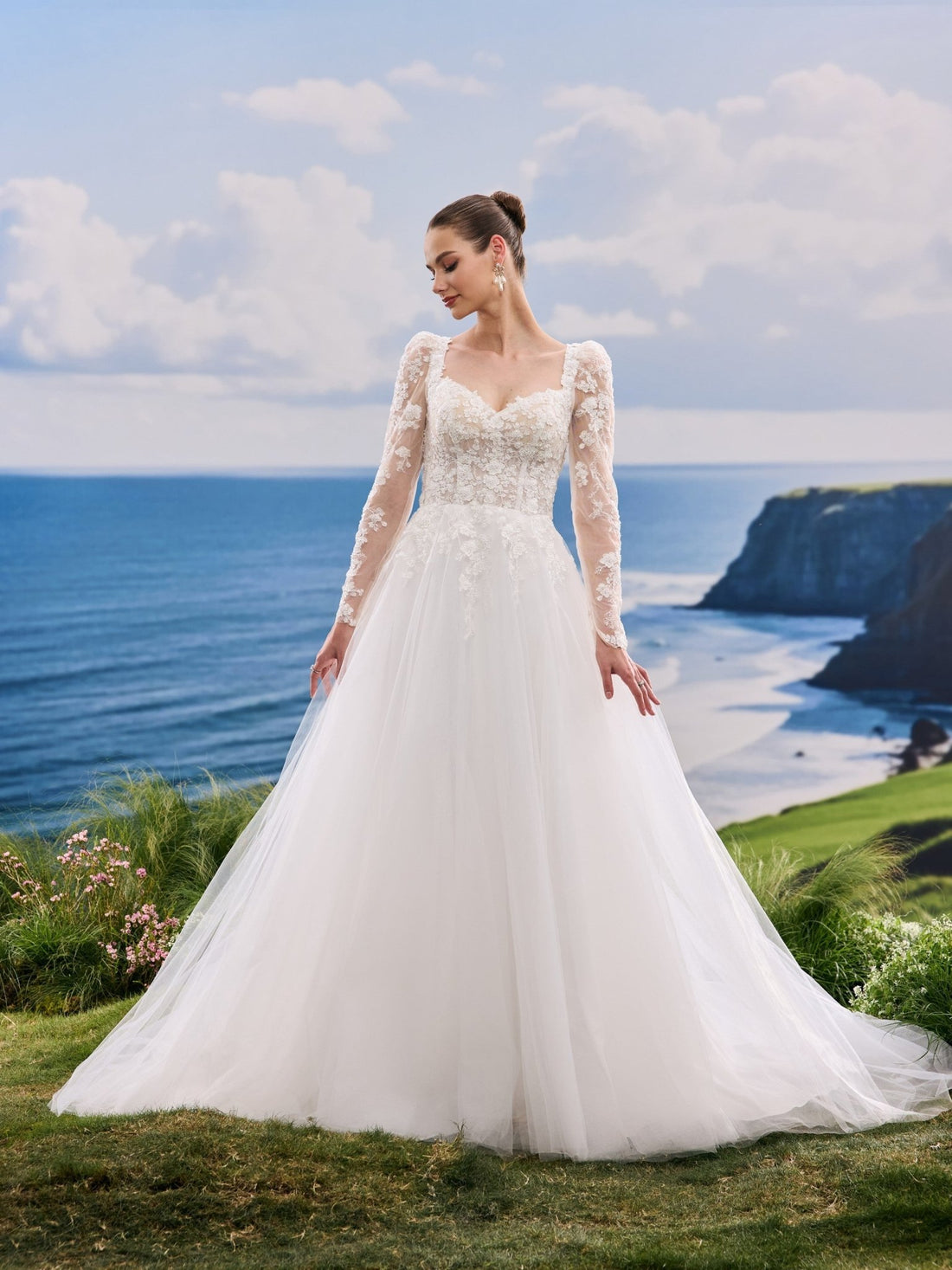 Oriana white A-Line wedding dress, front view
