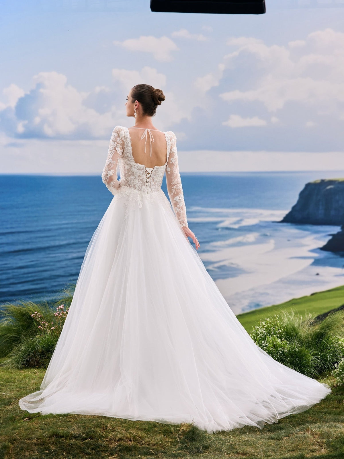 Oriana white A-Line wedding dress, back view
