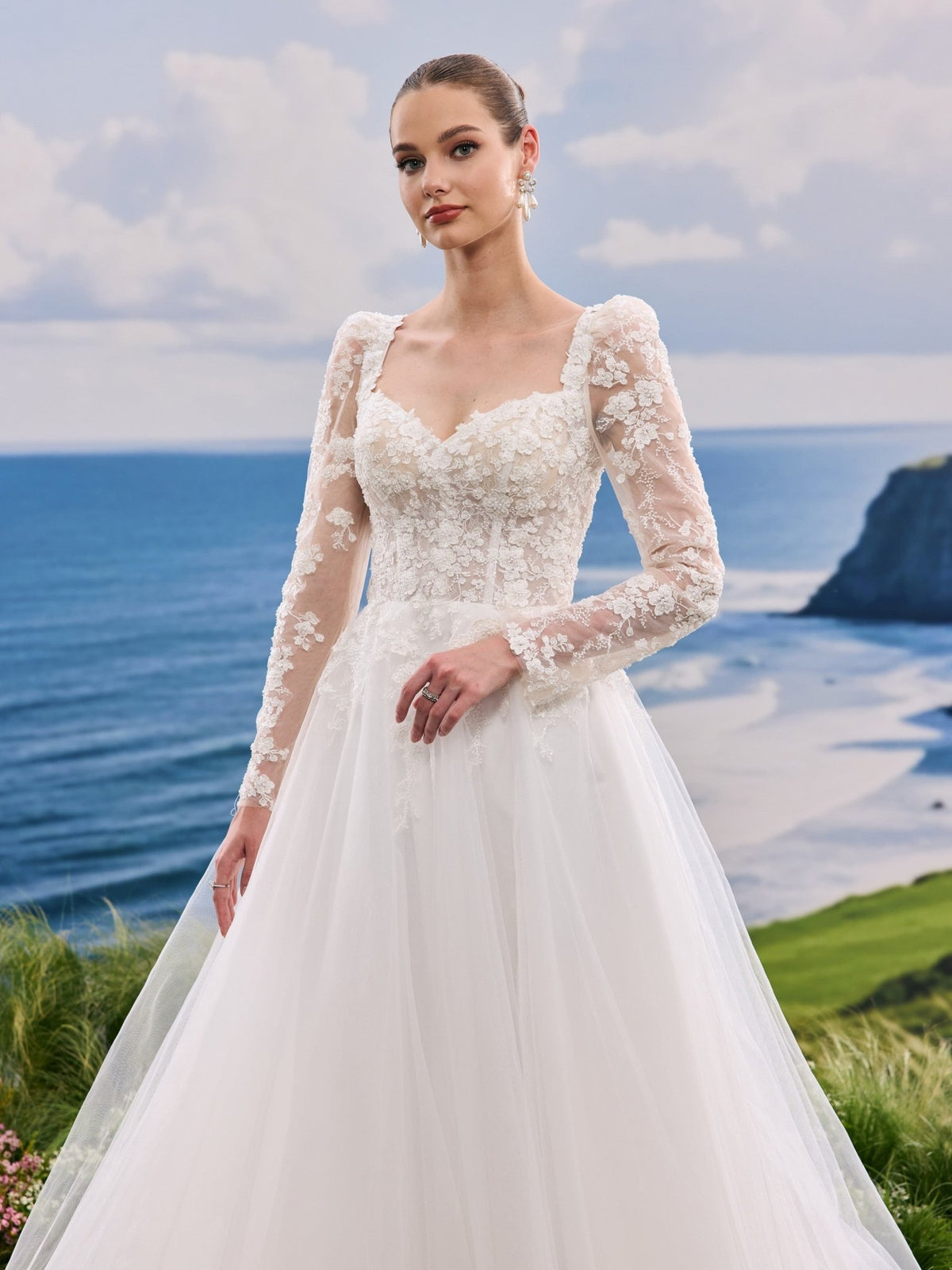 Oriana white A-Line wedding dress, detail and alternate angle