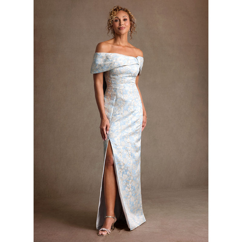 Zion Sheath Off-the-Shoulder Jacquard Mother of the Bride Dress in dusty blue - photo 1