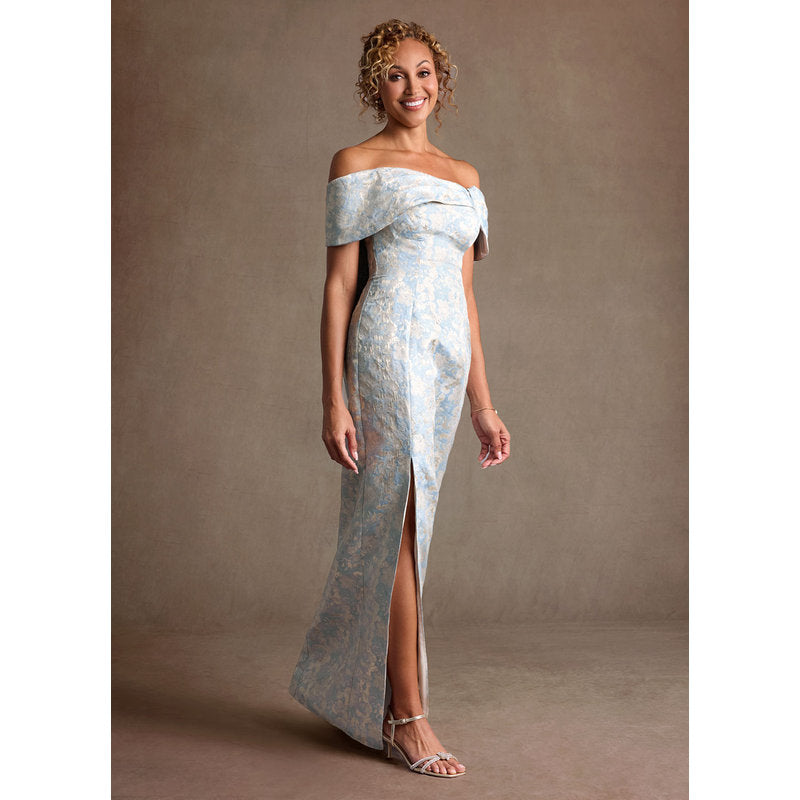 Zion Sheath Off-the-Shoulder Jacquard Mother of the Bride Dress in dusty blue - photo 3