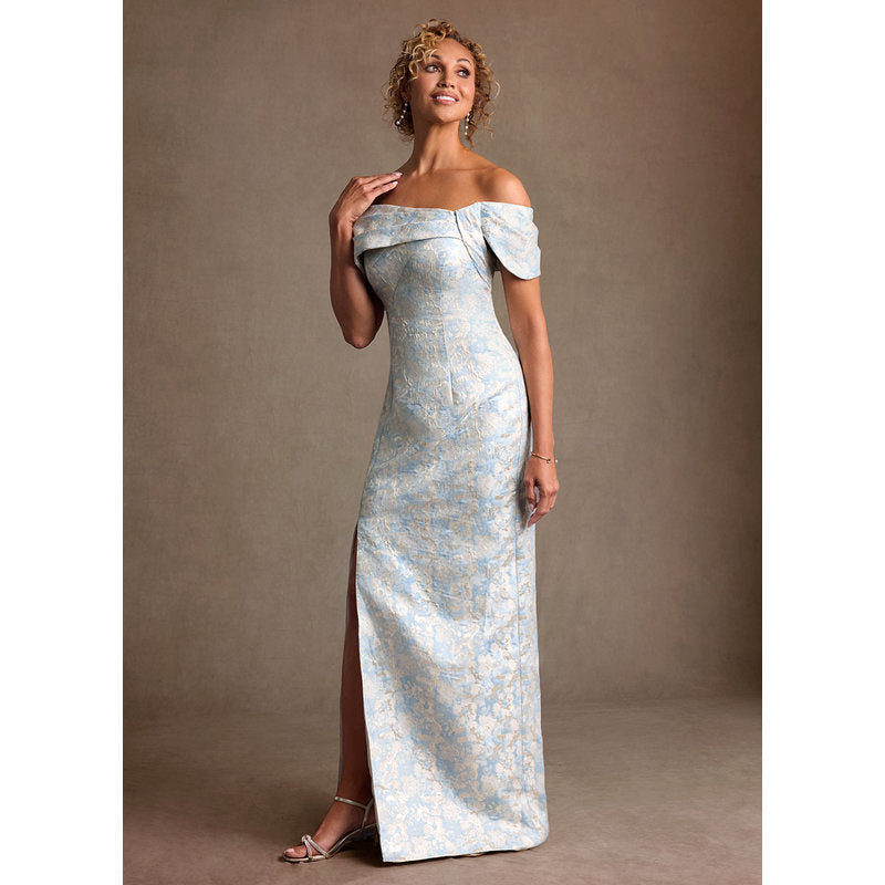 Zion Sheath Off-the-Shoulder Jacquard Mother of the Bride Dress in dusty blue - photo 4