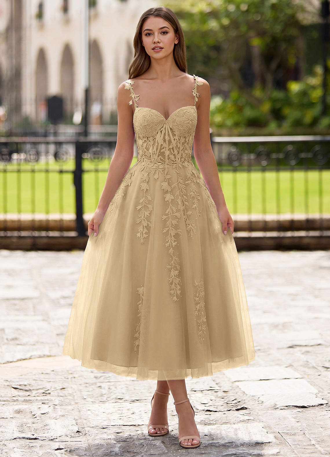 Zosia A-Line Lace-Up Tulle Prom Dress in champagne