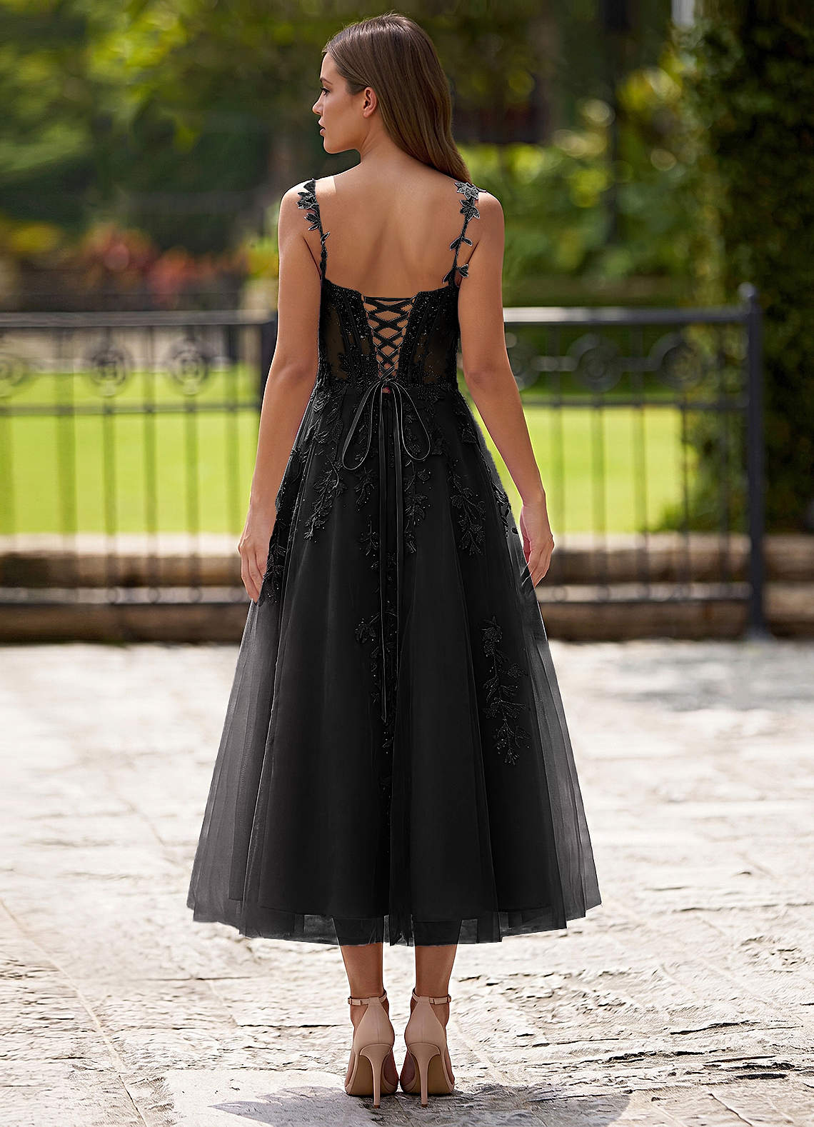 Zosia A-Line Lace-Up Tulle Prom Dress in black