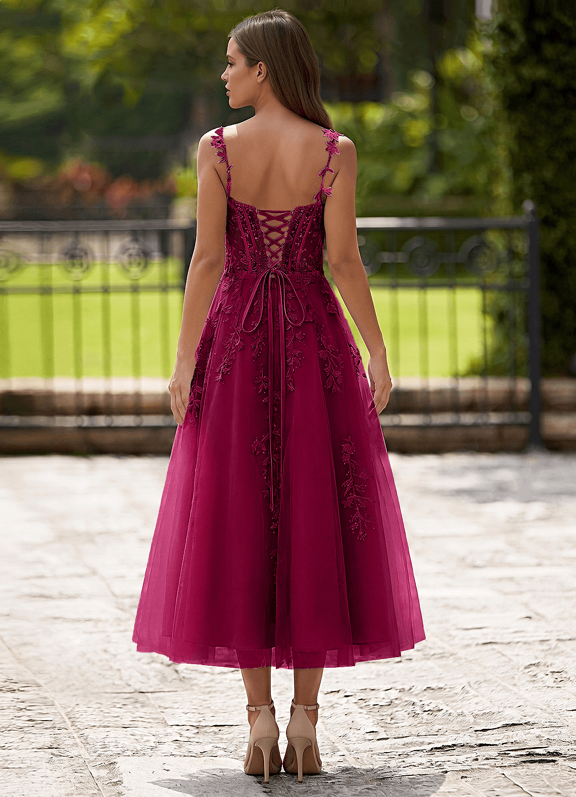 Zosia A-Line Lace-Up Tulle Prom Dress in Burgundy