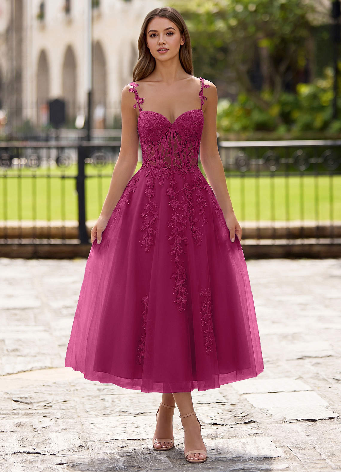 Zosia A-Line Lace-Up Tulle Prom Dress in Fuchsia