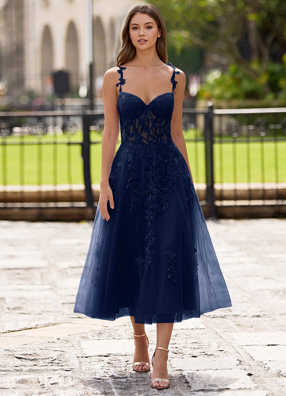 Zosia A-Line Lace-Up Tulle Prom Dress in Navy Blue