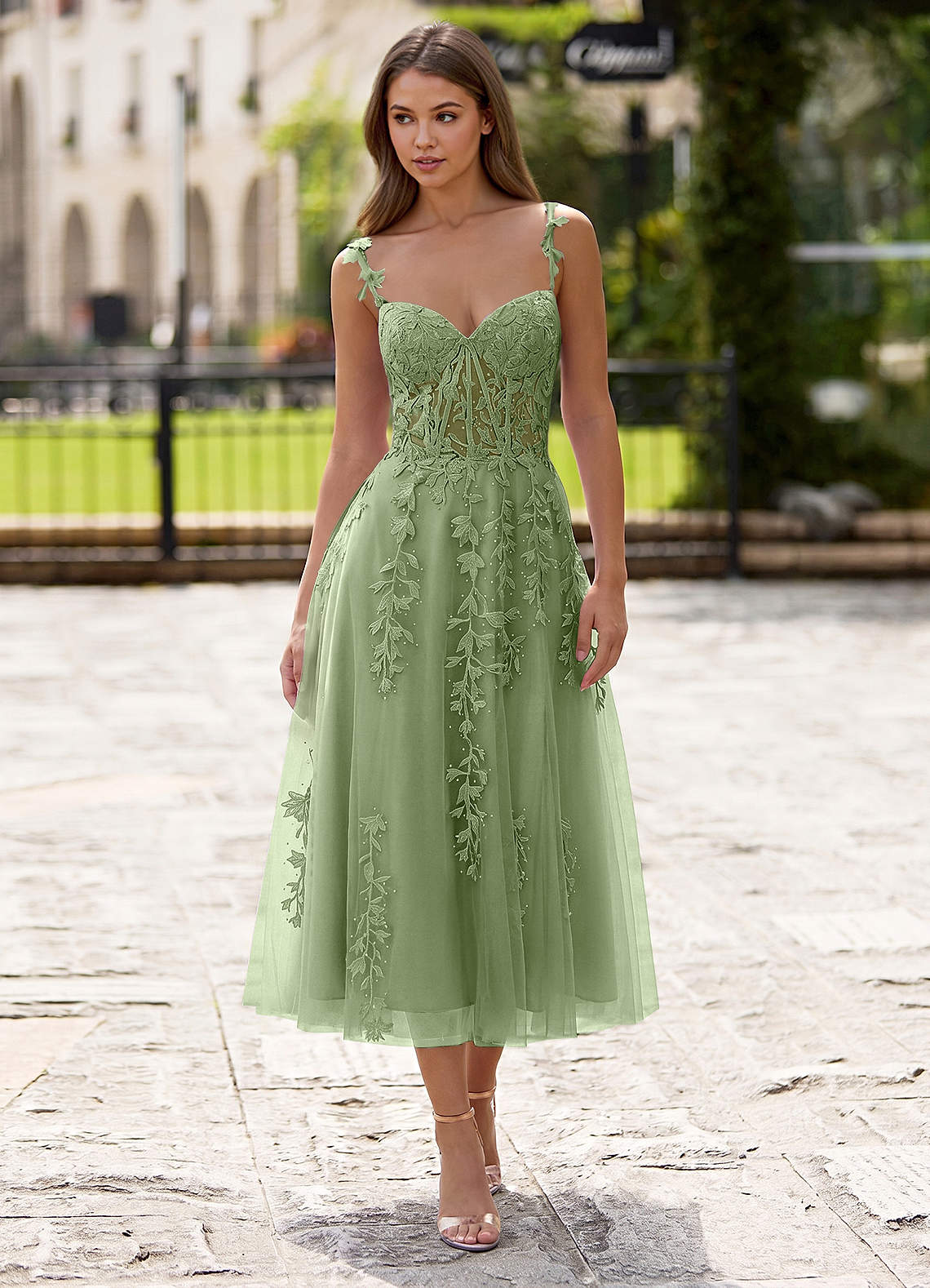 Zosia A-Line Lace-Up Tulle Prom Dress in Sage