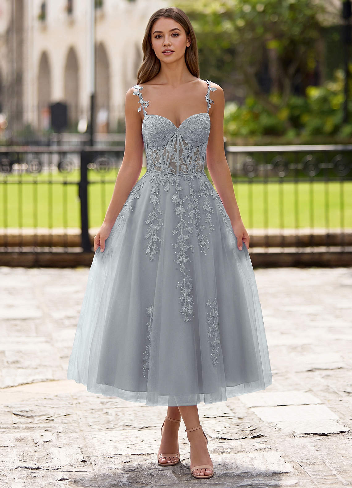 Zosia A-Line Lace-Up Tulle Prom Dress in Silver
