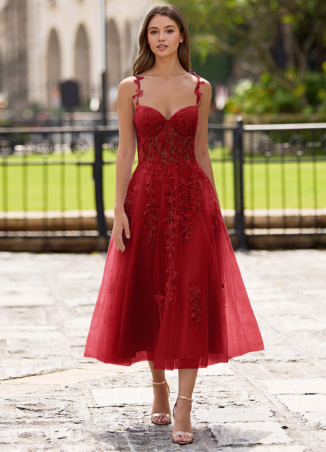 Zosia A-Line Lace-Up Tulle Prom Dress in Red