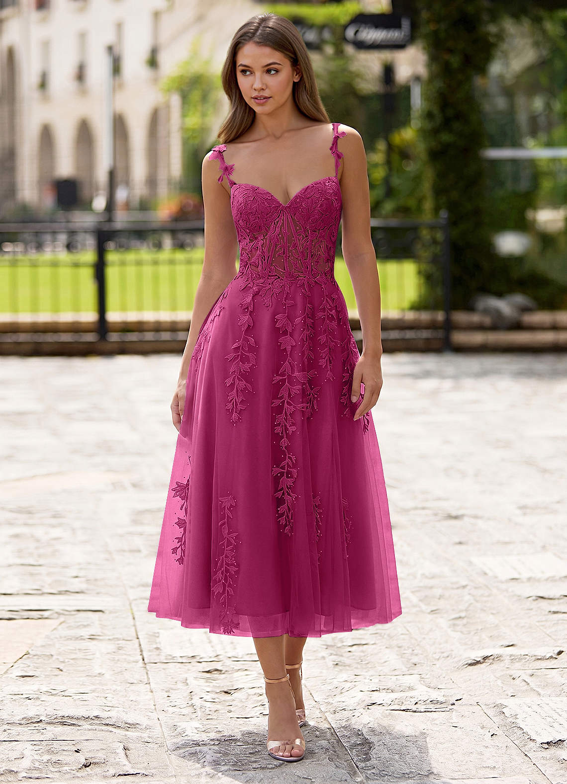 Zosia A-Line Lace-Up Tulle Prom Dress in Fuchsia