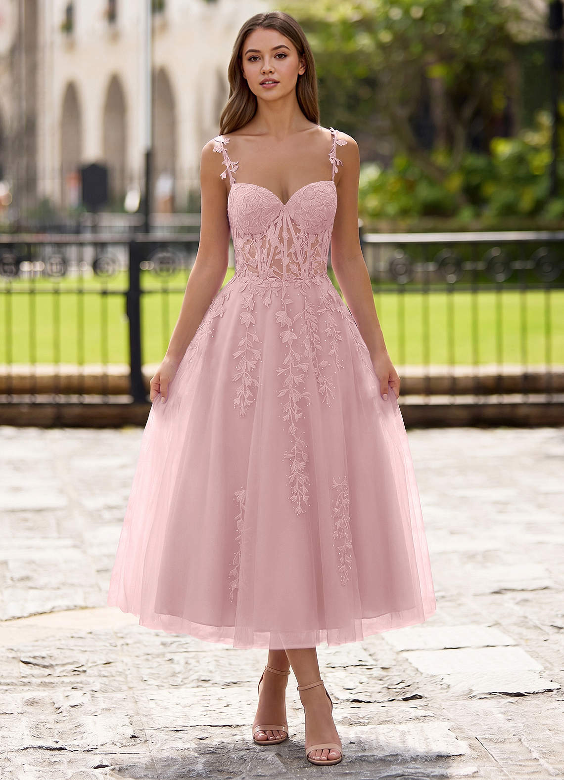 Zosia A-Line Lace-Up Tulle Prom Dress in Blushing Pink
