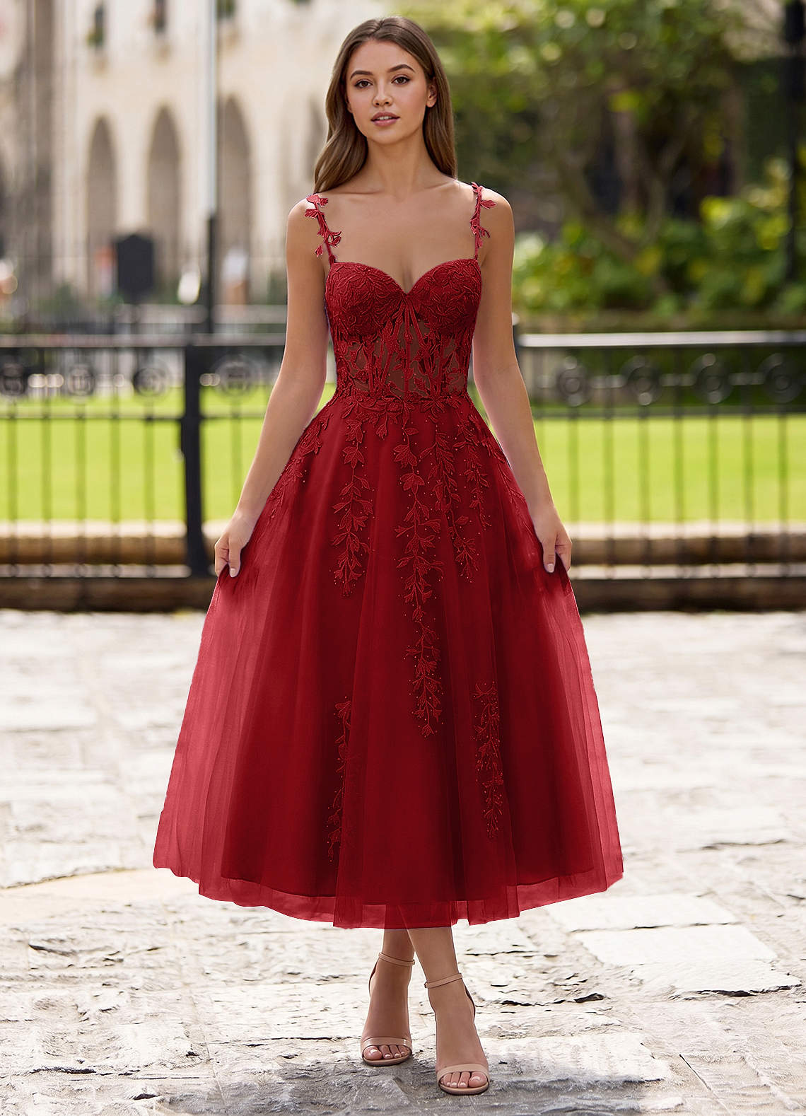 Zosia A-Line Lace-Up Tulle Prom Dress in Red