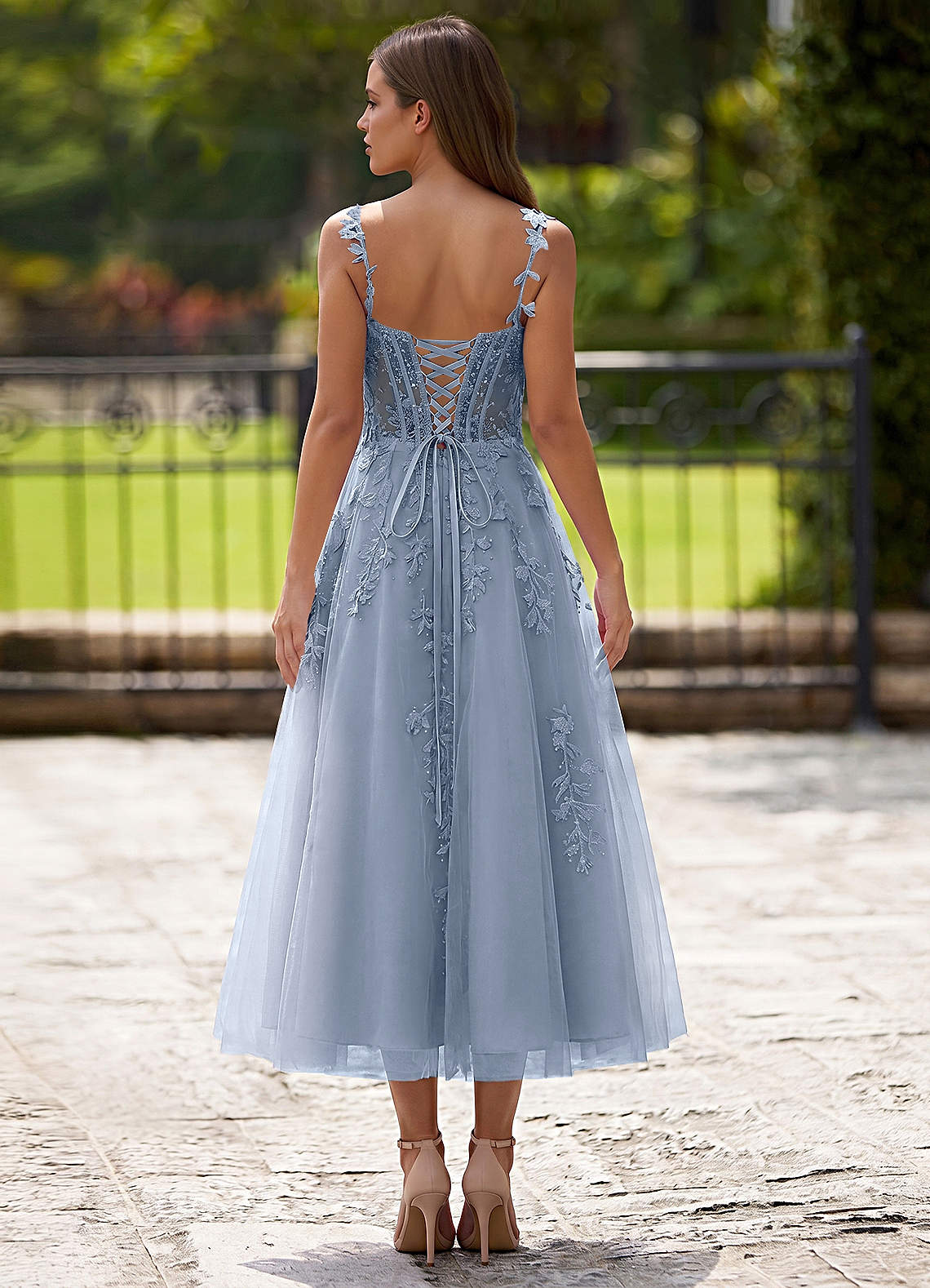 Zosia A-Line Lace-Up Tulle Prom Dress in dusty blue