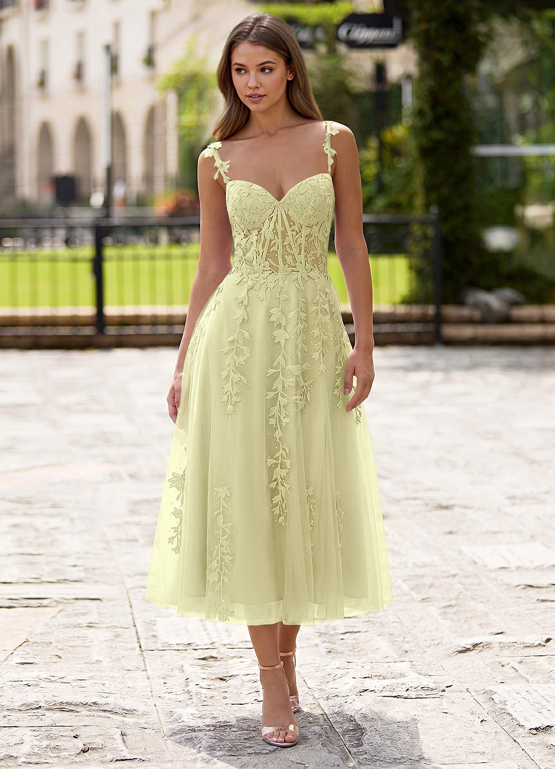 Zosia A-Line Lace-Up Tulle Prom Dress in Yellow