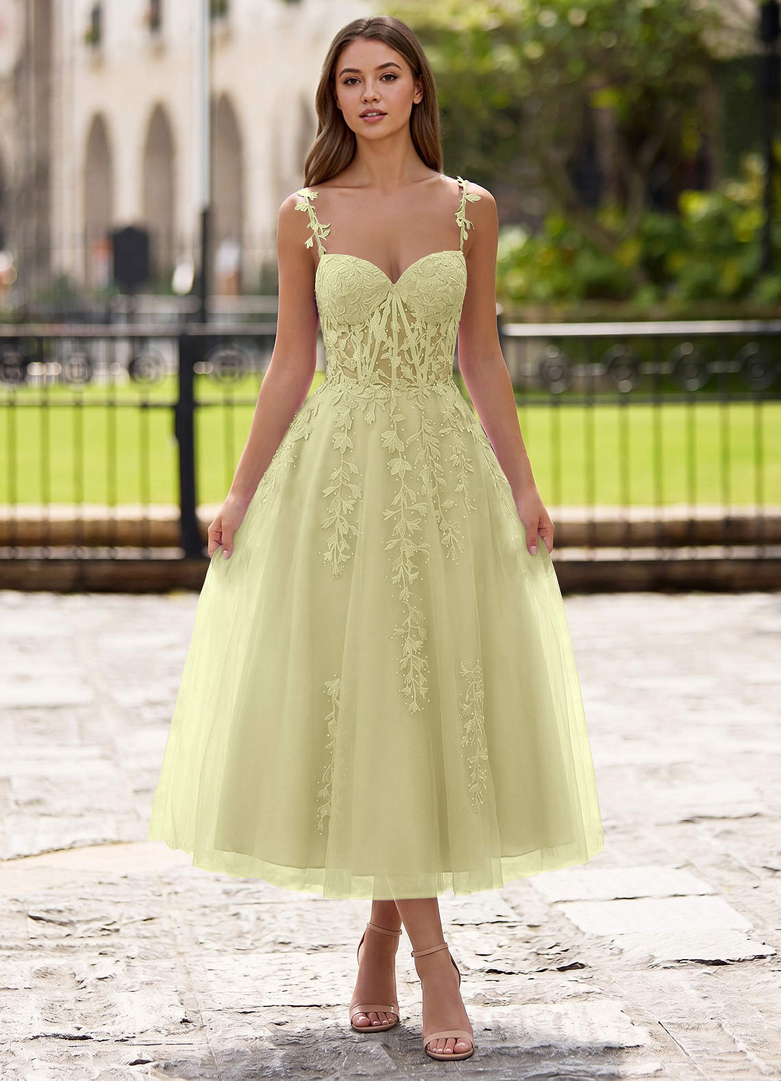 Zosia A-Line Lace-Up Tulle Prom Dress in Yellow