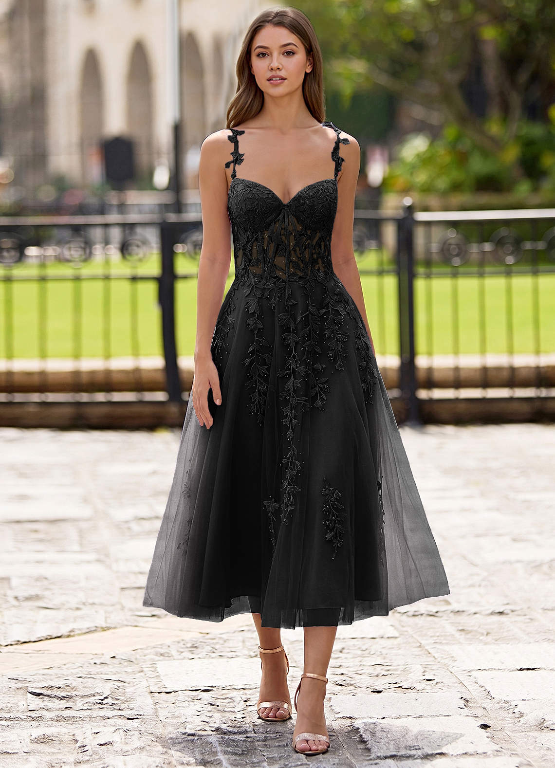 Zosia A-Line Lace-Up Tulle Prom Dress in black