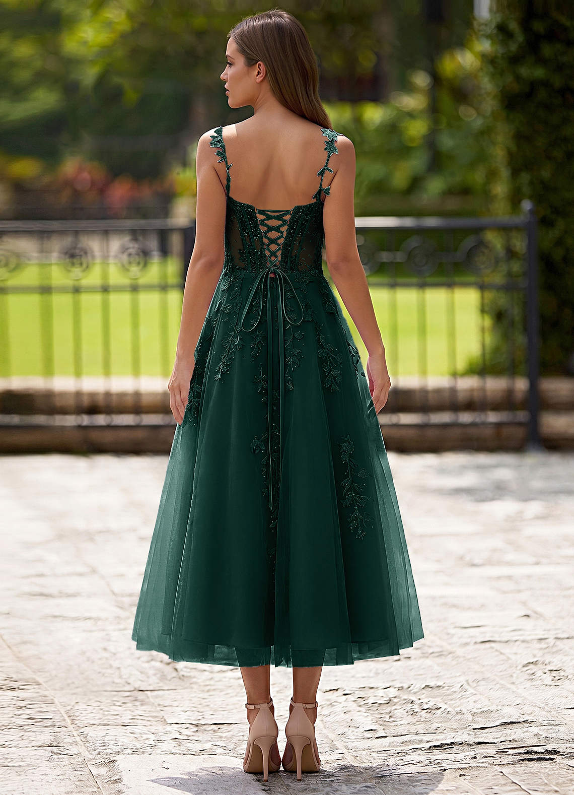 Zosia A-Line Lace-Up Tulle Prom Dress in Dark Green