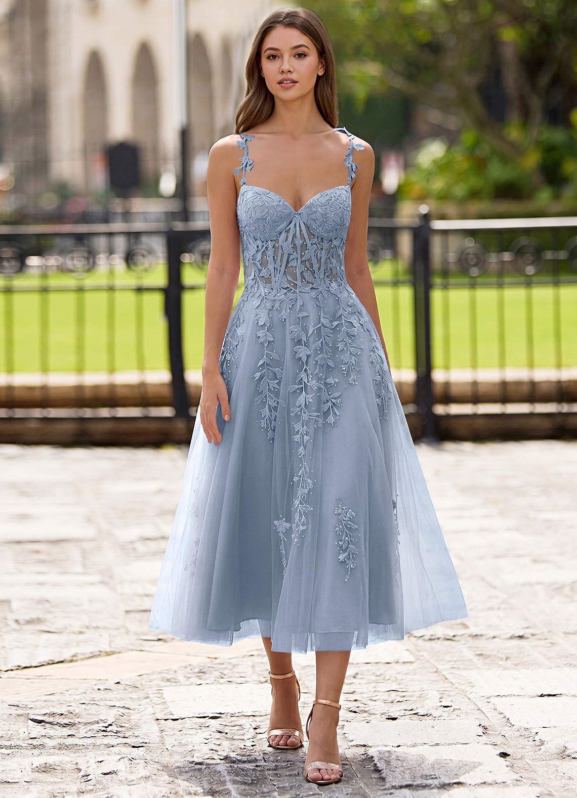 Zosia A-Line Lace-Up Tulle Prom Dress in dusty blue