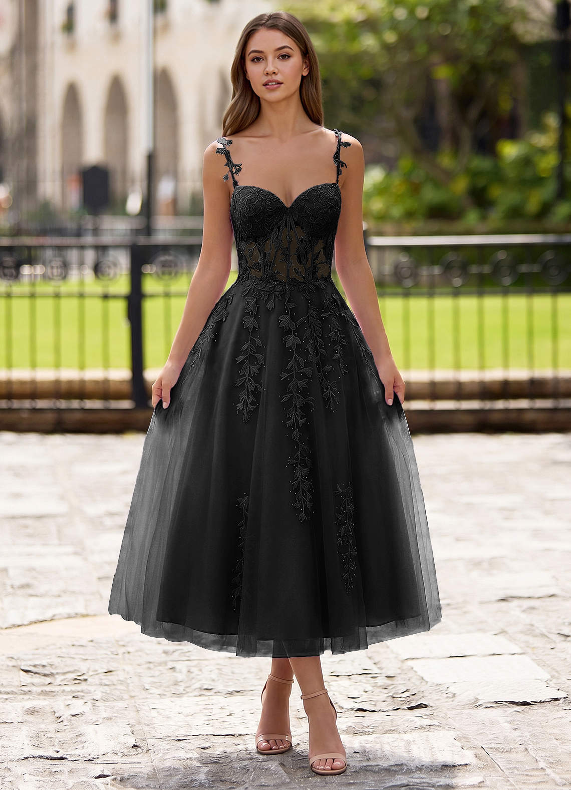 Zosia A-Line Lace-Up Tulle Prom Dress in black