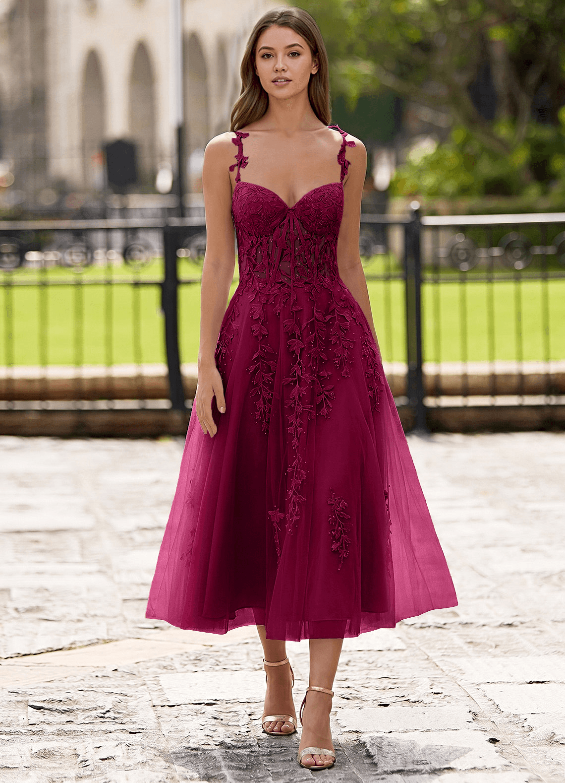 Zosia A-Line Lace-Up Tulle Prom Dress in Burgundy