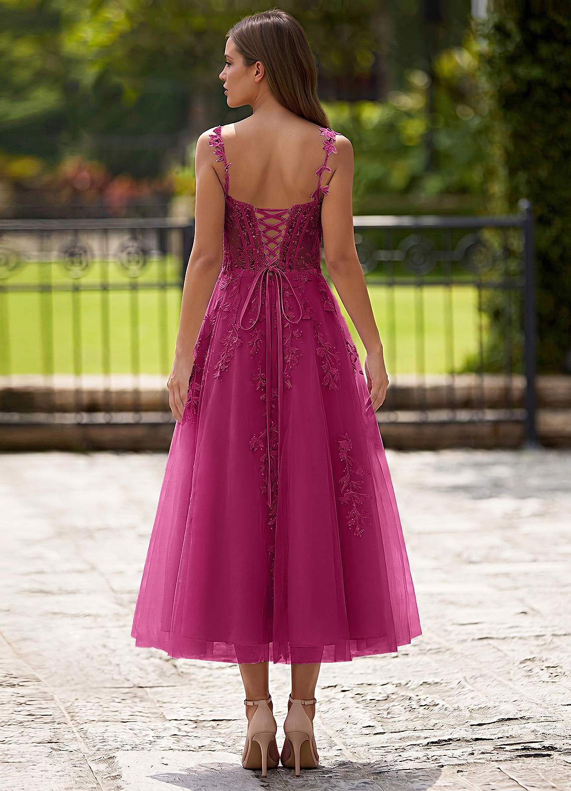 Zosia A-Line Lace-Up Tulle Prom Dress in Fuchsia