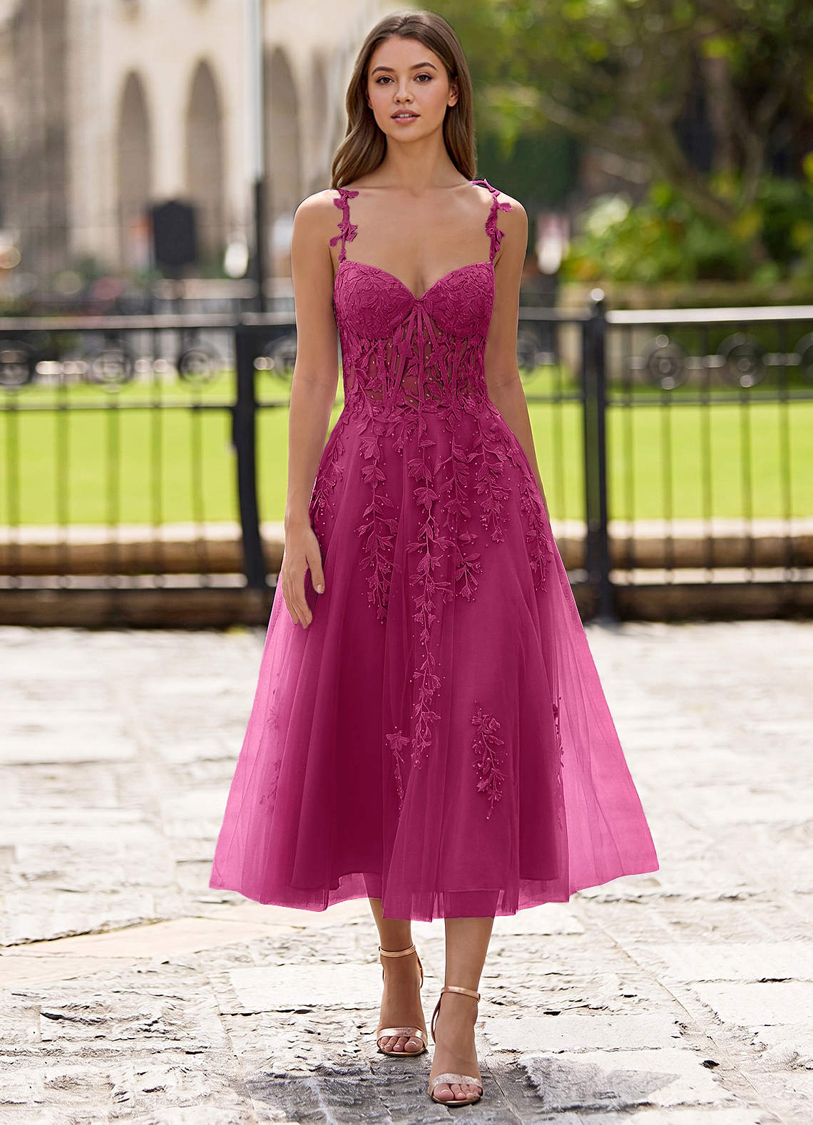 Zosia A-Line Lace-Up Tulle Prom Dress in Fuchsia