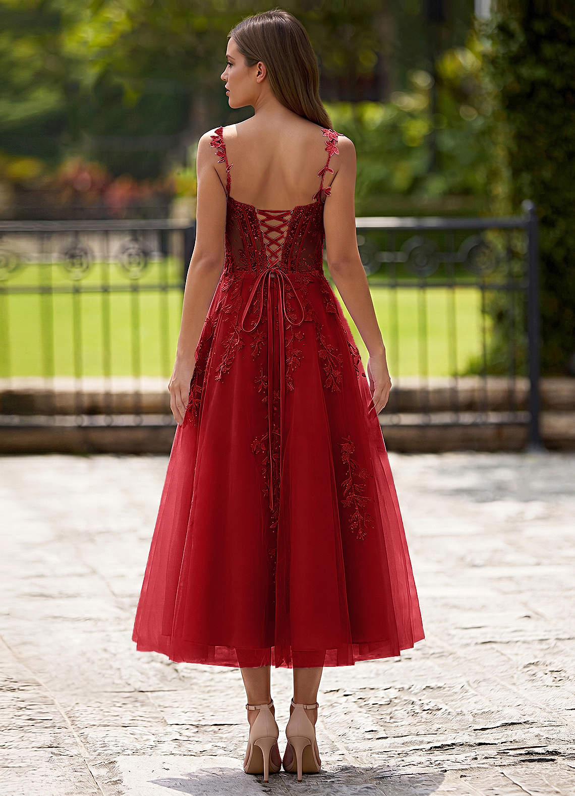 Zosia A-Line Lace-Up Tulle Prom Dress in Red