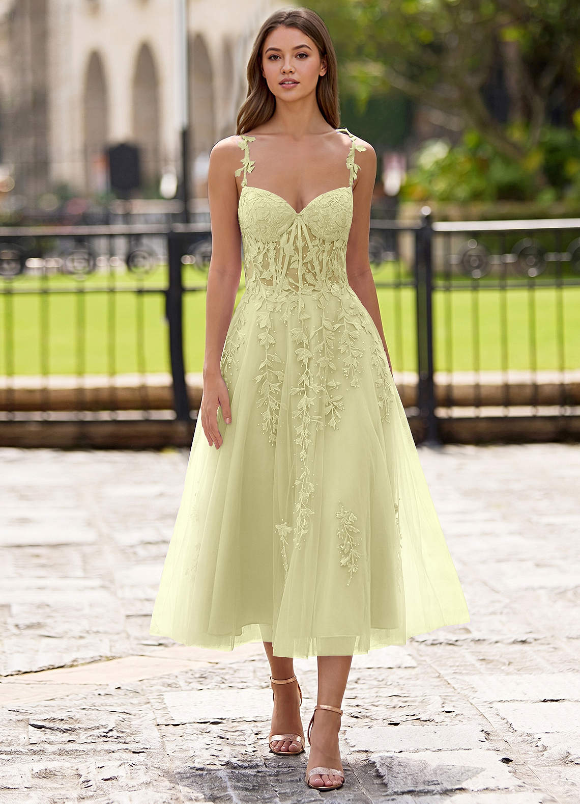 Zosia A-Line Lace-Up Tulle Prom Dress in Yellow