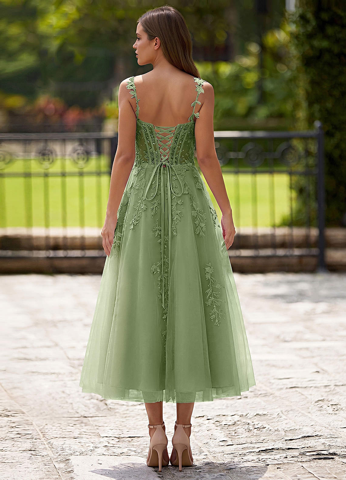 Zosia A-Line Lace-Up Tulle Prom Dress in Sage