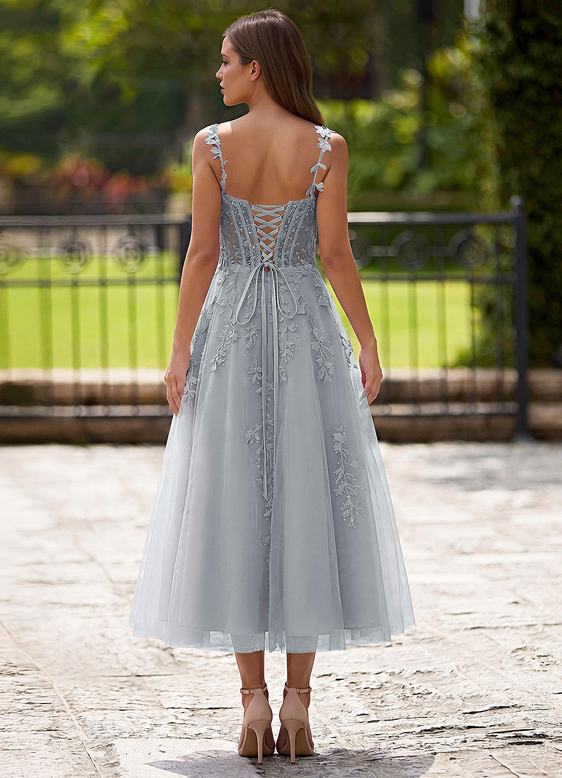 Zosia A-Line Lace-Up Tulle Prom Dress in Silver