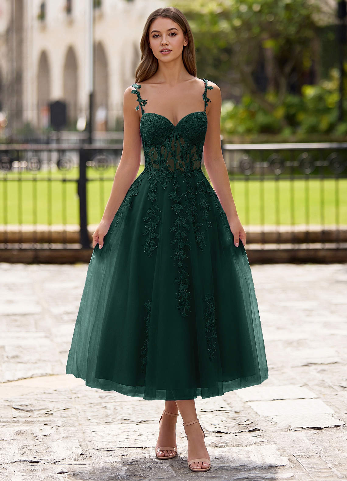 Zosia A-Line Lace-Up Tulle Prom Dress in Dark Green