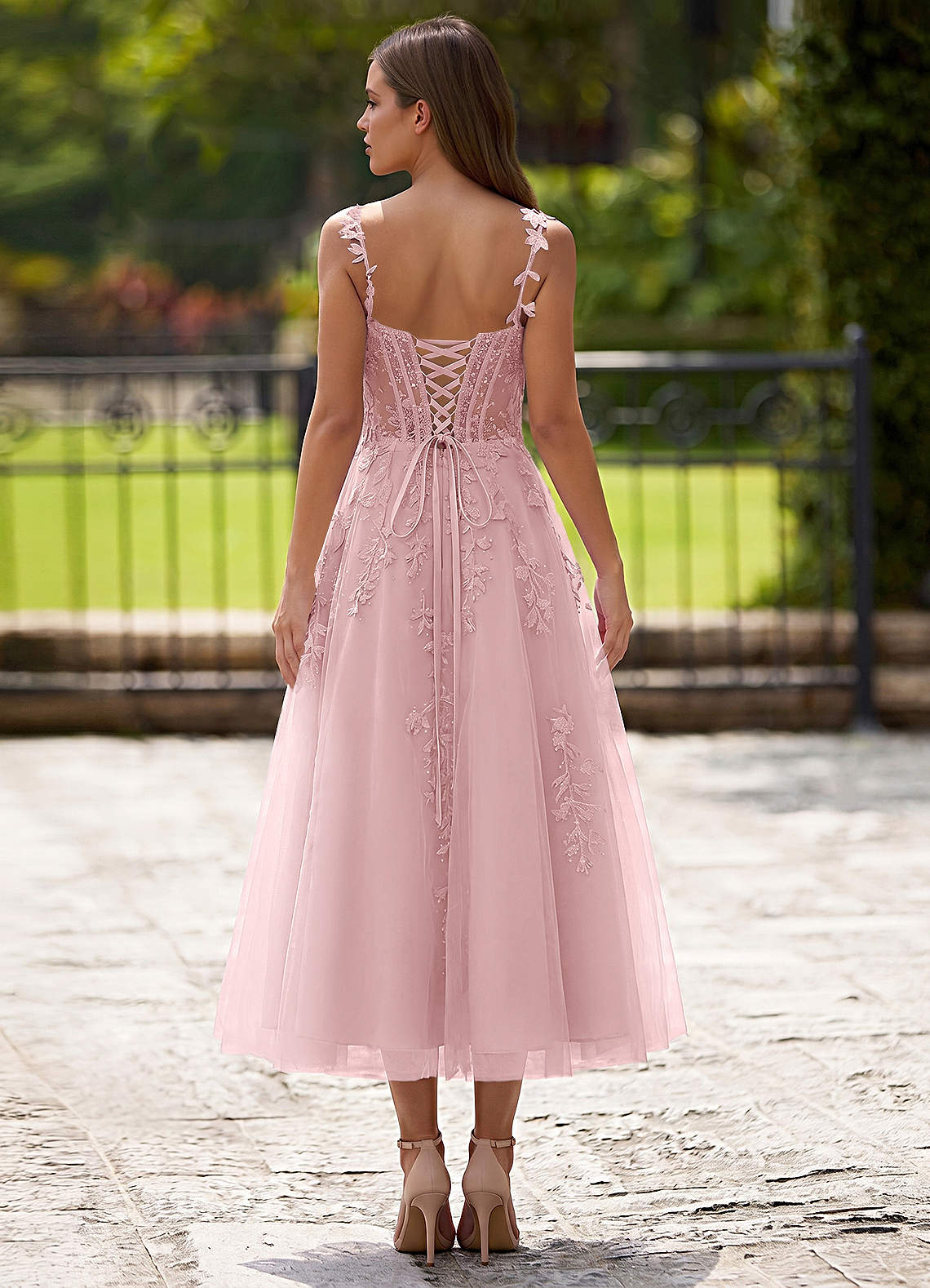 Zosia A-Line Lace-Up Tulle Prom Dress in Blushing Pink