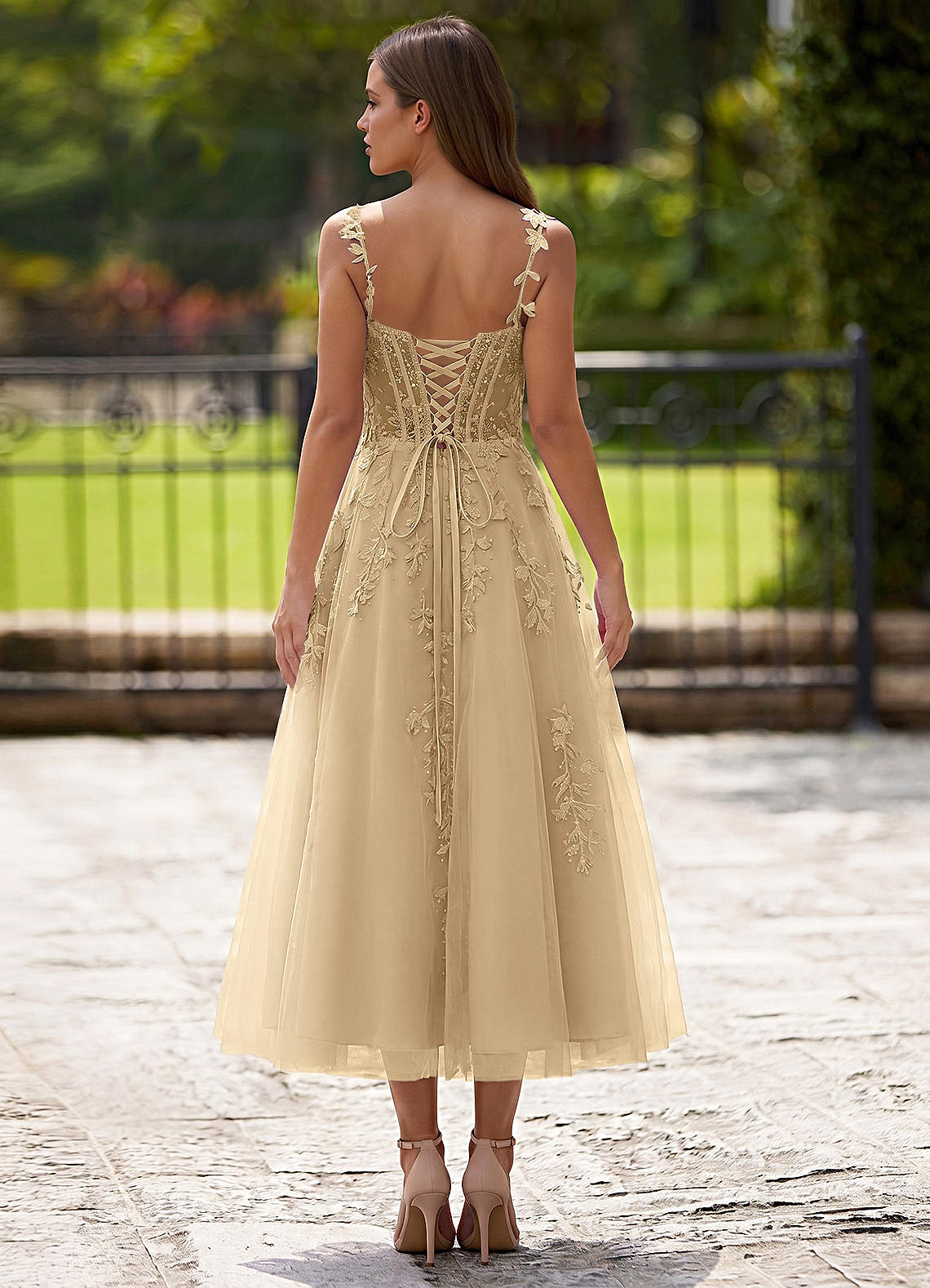 Zosia A-Line Lace-Up Tulle Prom Dress in champagne