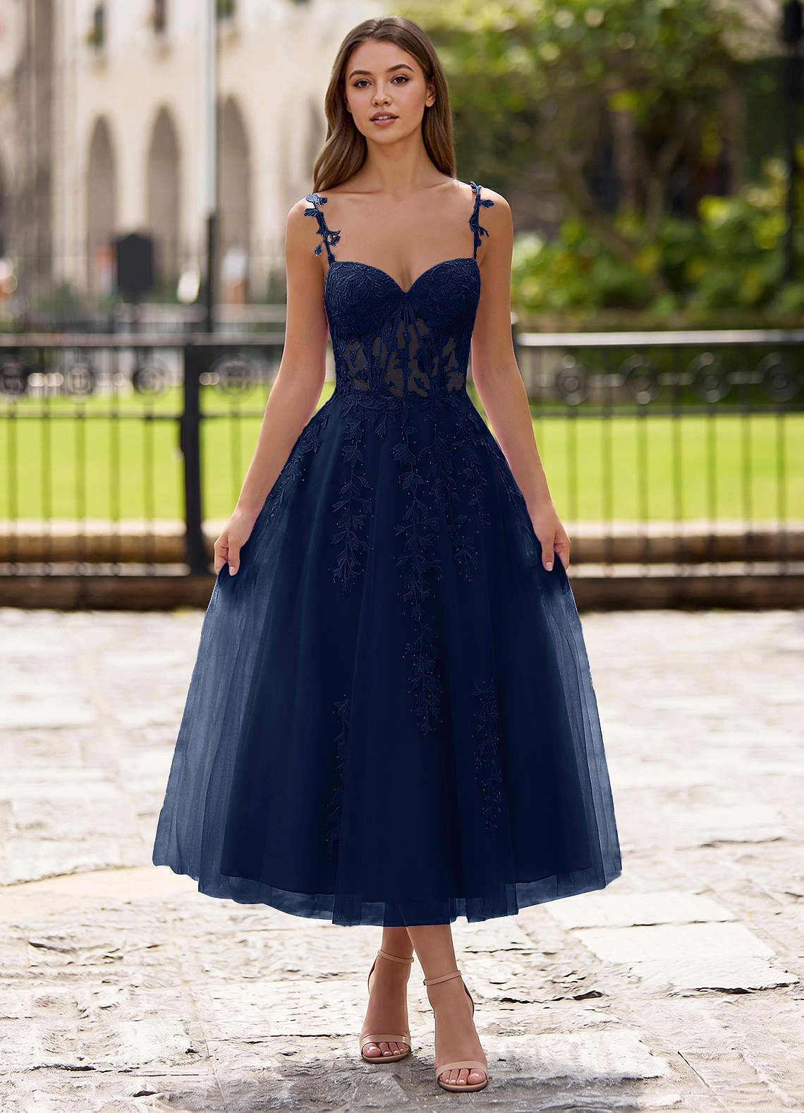 Zosia A-Line Lace-Up Tulle Prom Dress in Navy Blue