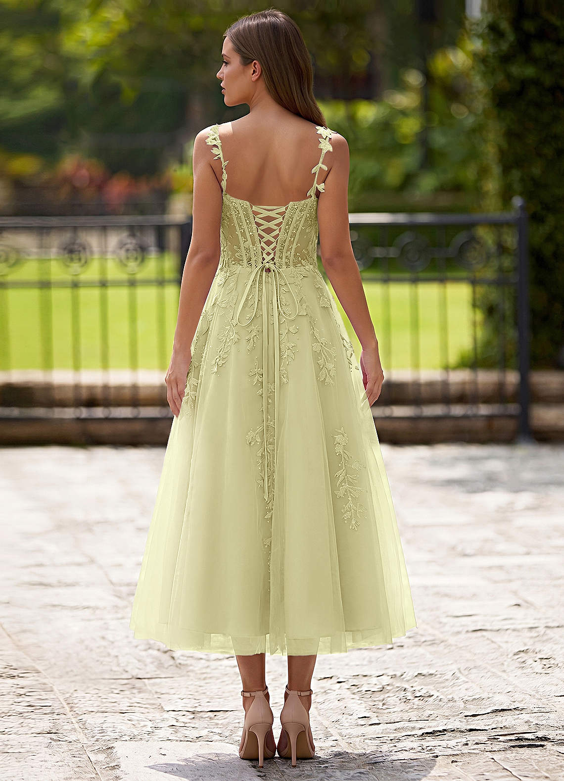 Zosia A-Line Lace-Up Tulle Prom Dress in Yellow