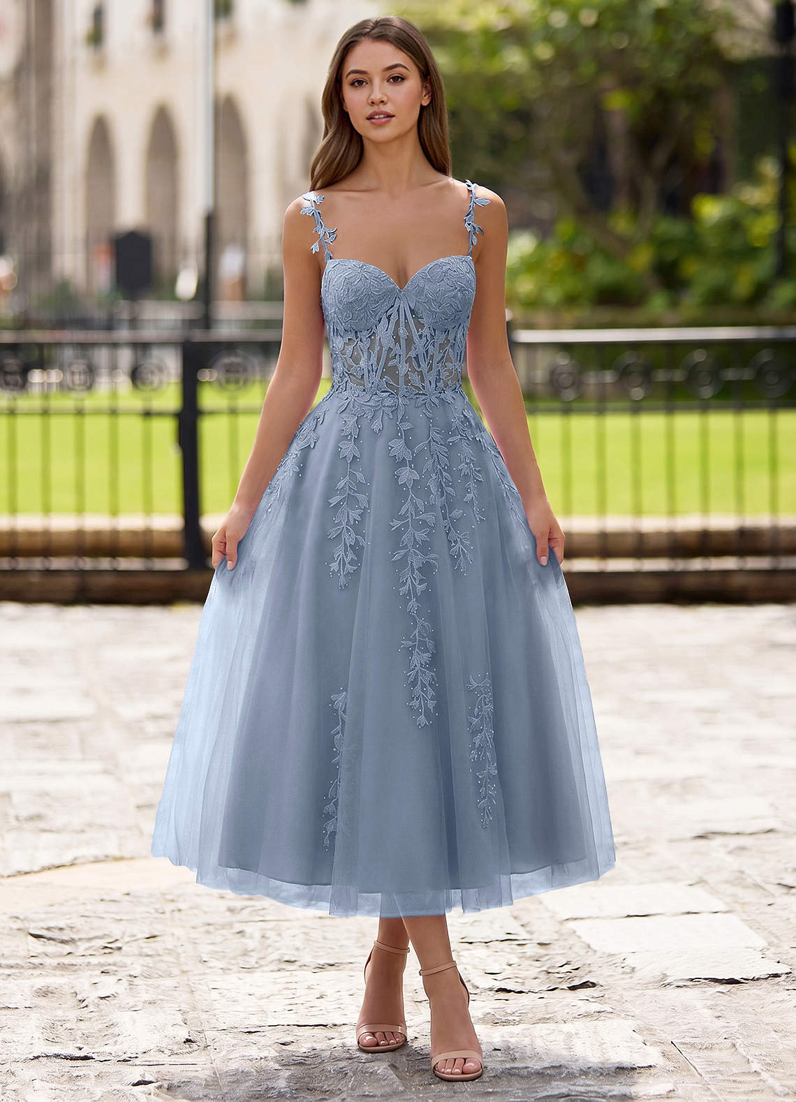 Zosia A-Line Lace-Up Tulle Prom Dress in dusty blue