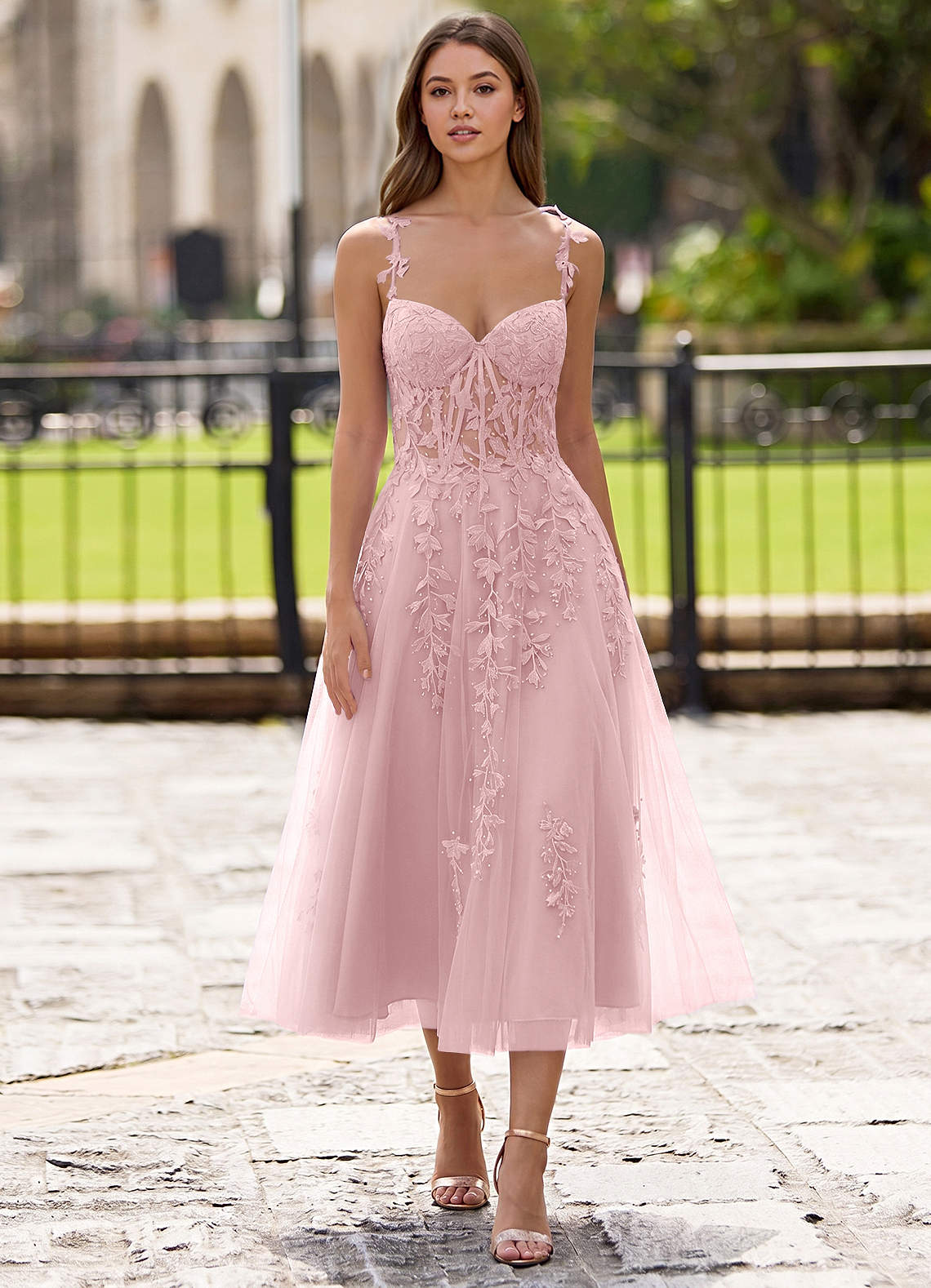 Zosia A-Line Lace-Up Tulle Prom Dress in Blushing Pink