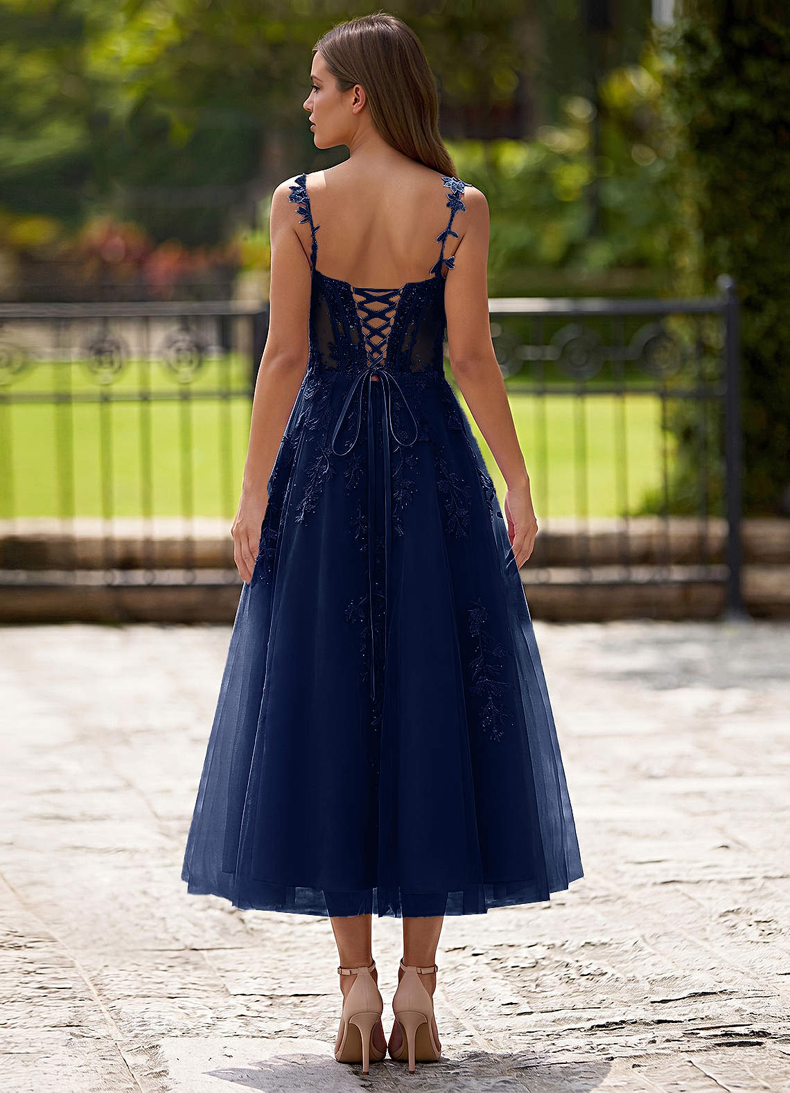 Zosia A-Line Lace-Up Tulle Prom Dress in Navy Blue