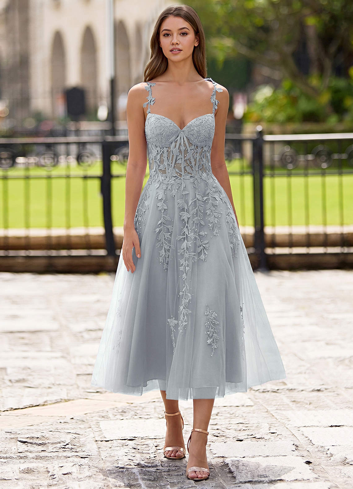 Zosia A-Line Lace-Up Tulle Prom Dress in Silver