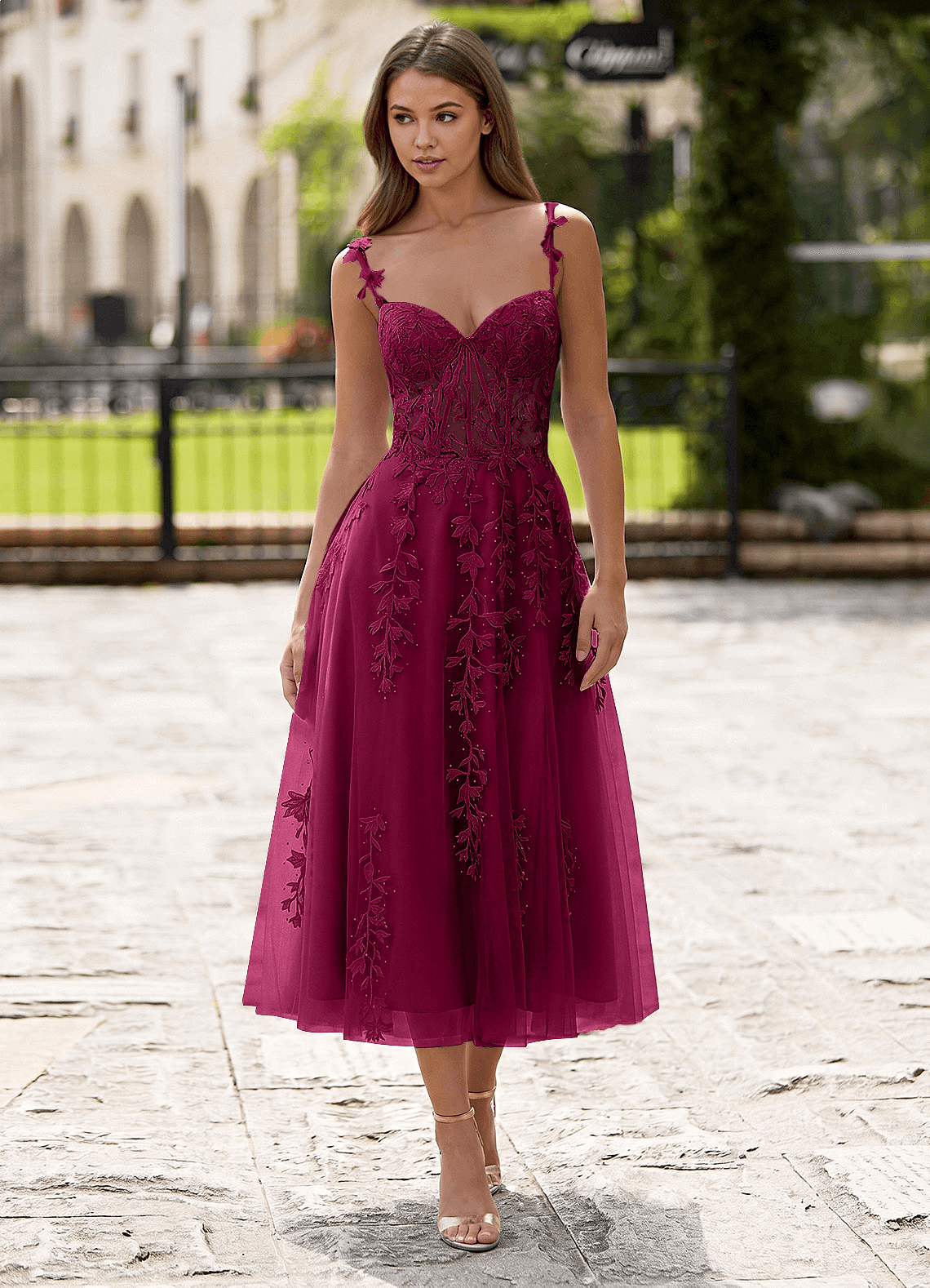 Zosia A-Line Lace-Up Tulle Prom Dress in Burgundy