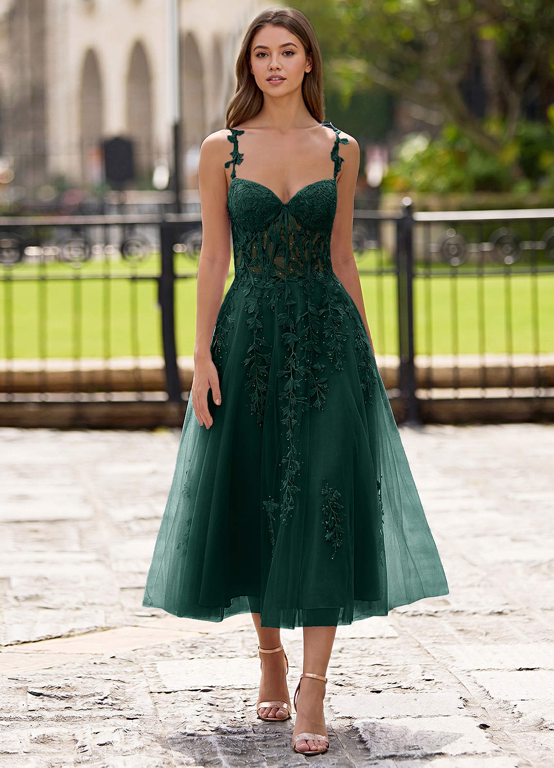 Zosia A-Line Lace-Up Tulle Prom Dress in Dark Green