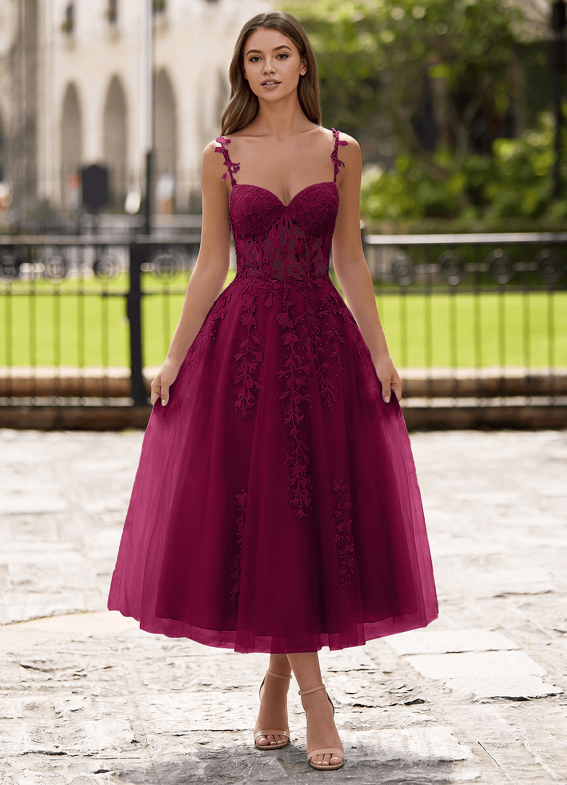 Zosia A-Line Lace-Up Tulle Prom Dress in Burgundy